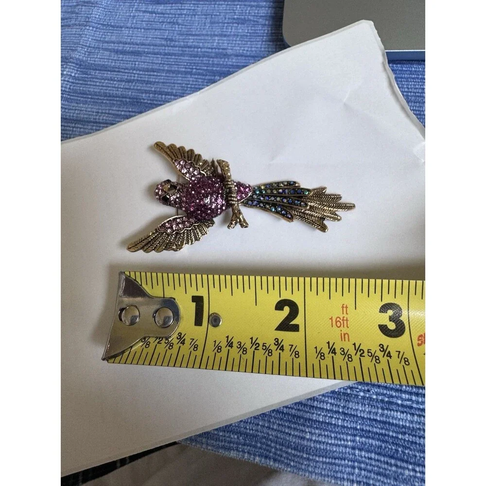 Vintage Pink Purple Rhinestone Bird of Paradise Brooch AB Blue Tail Gold Tone‎